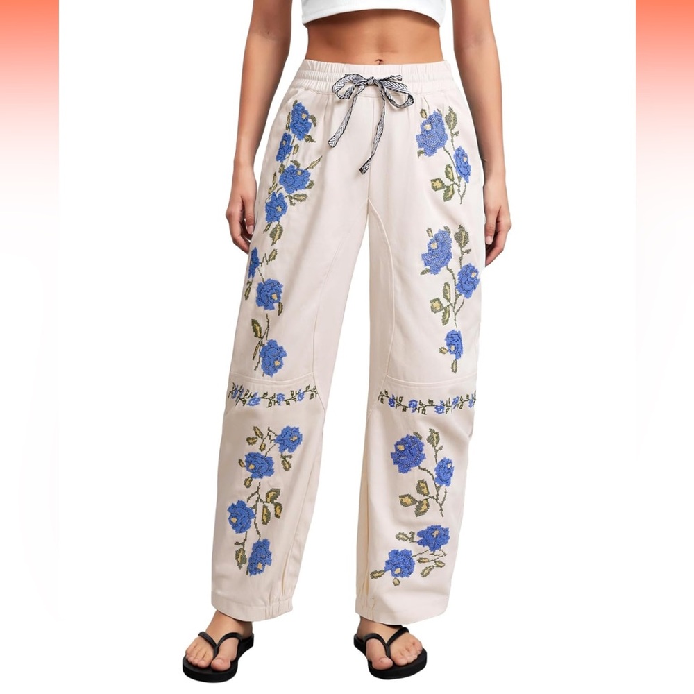 Embroidered Floral Drawstring Wide-Leg Pants - Cream with Blue Flowers